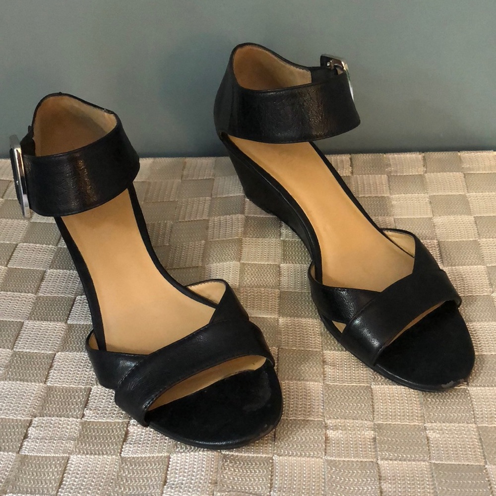 Nine West Wedge Sandals in Black Leather